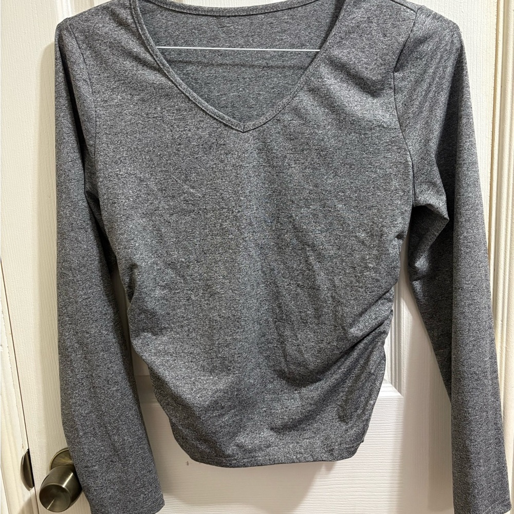 Elegant Charcoal V-Neck Long Sleeve Blouse